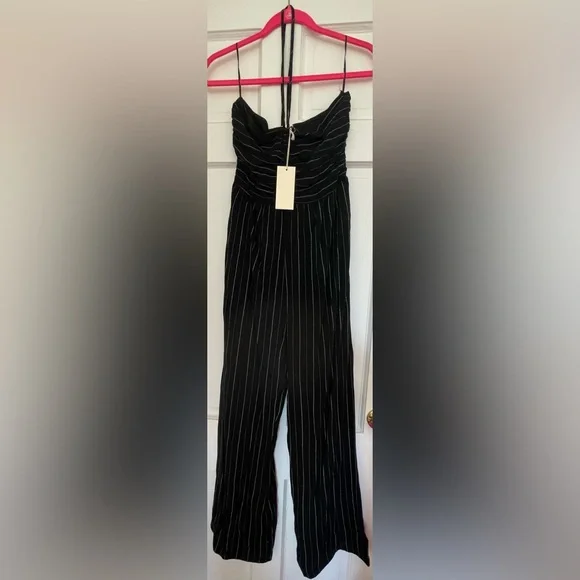 BNWT! Allie Rose, Harlow Halter Tie Jumpsuit in Black, Washed Pinstripe - Picture 4 of 12
